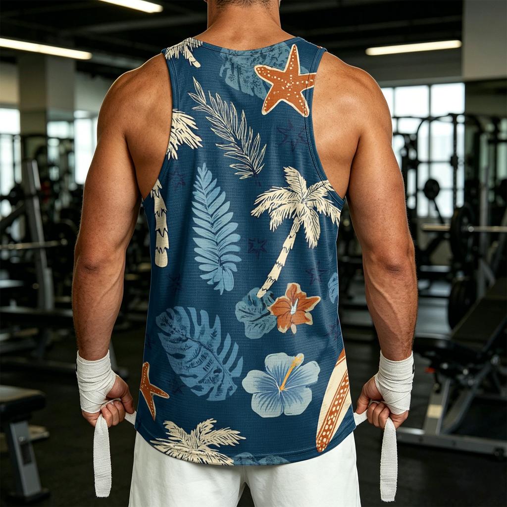 Men's Casual Hawaiian Print Outdoor Sports Tank Top Sleeveless Round Neck Summer Beachwear Lightweight Breathable Fabric