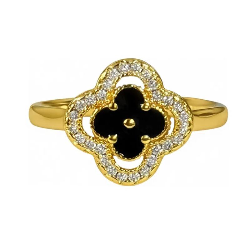 Dark Oil Dripping Full Diamond Inlaid Zirconium Four-Leaf Clover Open Ring Simple Light Luxury High Fashion Women