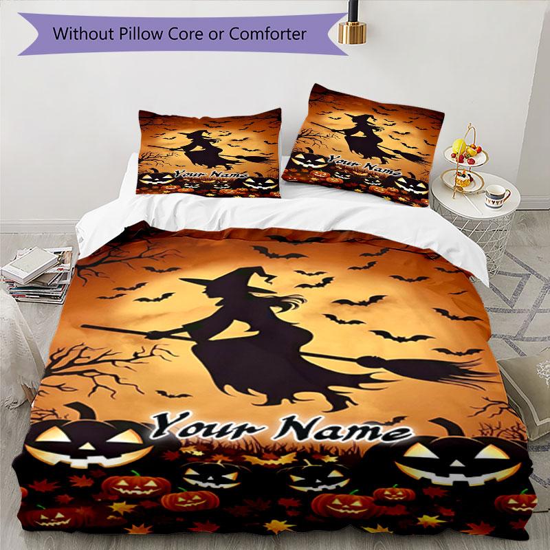 3PC Custom Name Halloween Witch Pumpkins Bedding Set Printed Bedding Set Duvet Cover Closure Includes 1 Duvet Cover & 2 Pillowcases for All Seasons Be