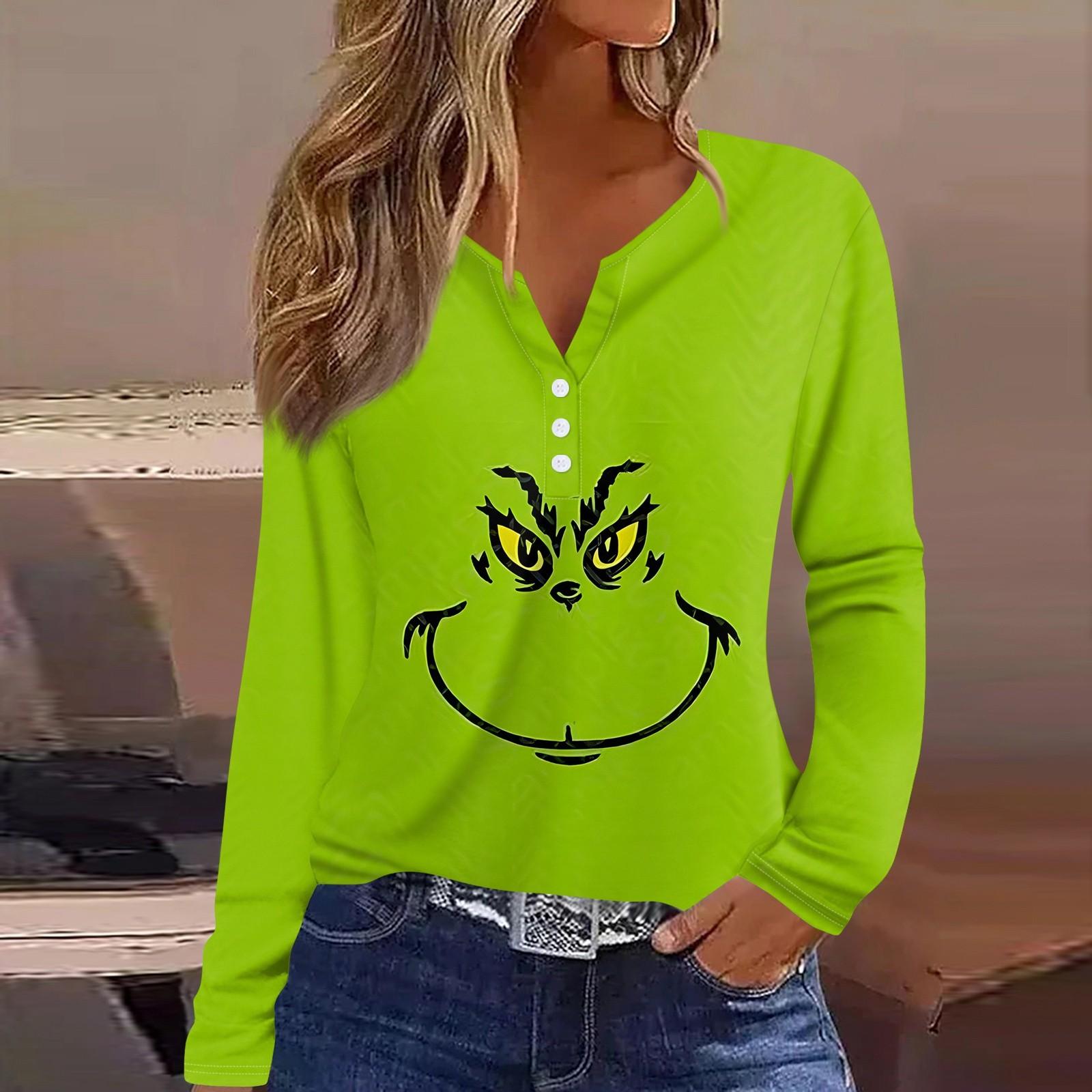 

Женская футболка с рождественским принтом на пуговицах с длинным рукавом, повседневная, выходного дня, модная, базовая, с V-образным вырезом, обычная XL