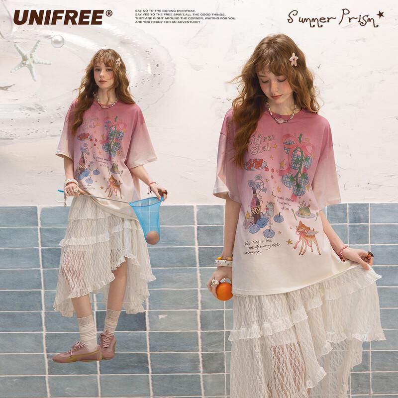 UNIFREE Sweet Korean Style Printed Round Neck T-Shirt s