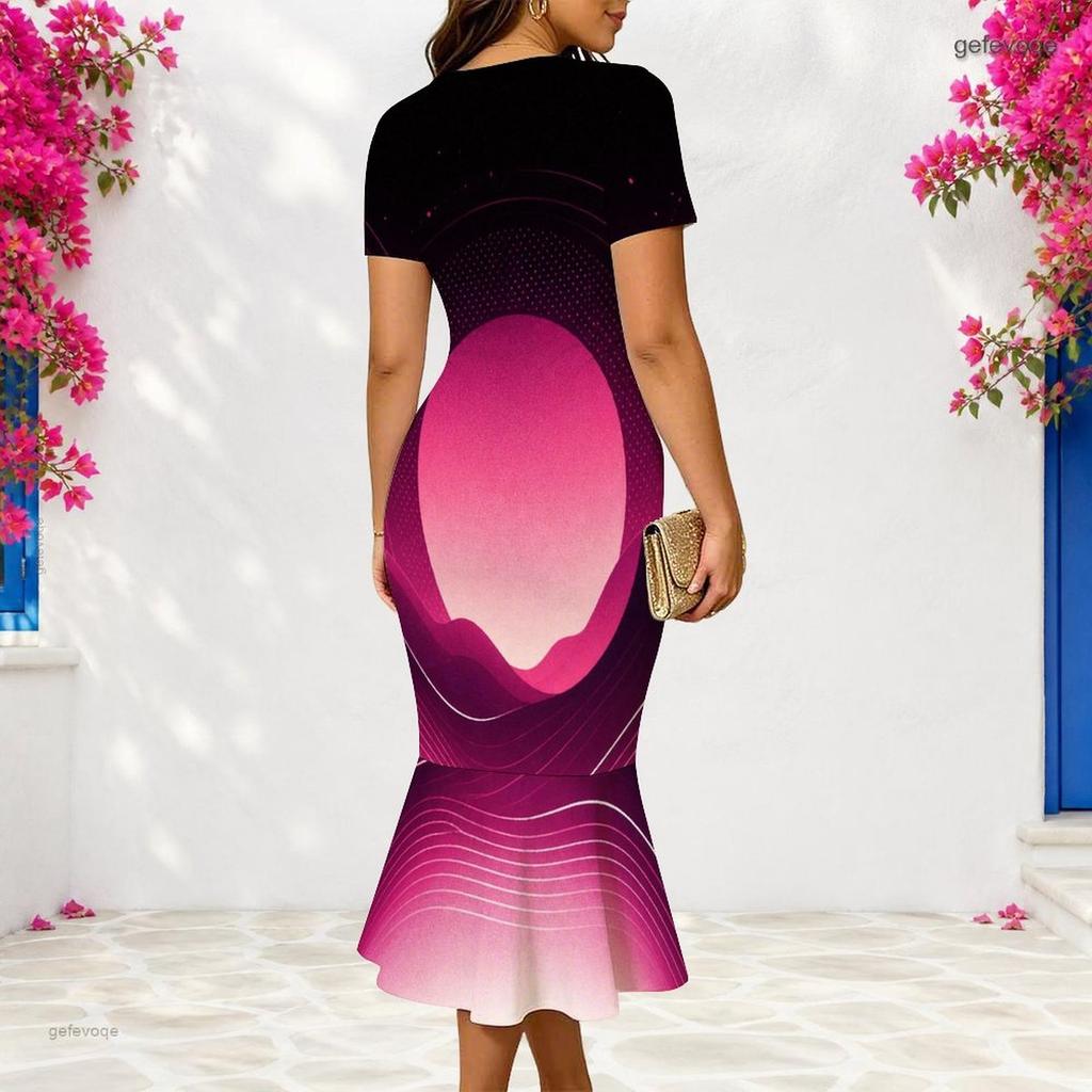Women Plus Size V Neck Short Sleeve Printed Black Pink Fitted Fishtail Dress
