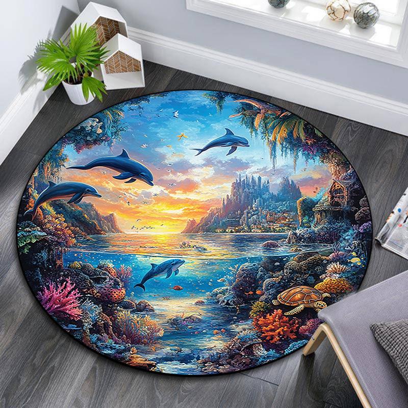 Dolphins Coral Round Area Rug,Carpet Rug for Living Room Bedroom Sofa Playroom Decor,Non-slip Floor Mat