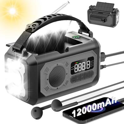 [12000mAh Large Capacity] Solar-Powered Multi-Function Hand-Crank Radio with Flashlight, Reading Lamp, AM/FM Portable Radio, SOS Emergency Alarm, Buil