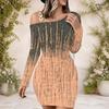 Women Plus Size One Shoulder Long Sleeve Printed Blue Pink White Bodycon Mini Dress