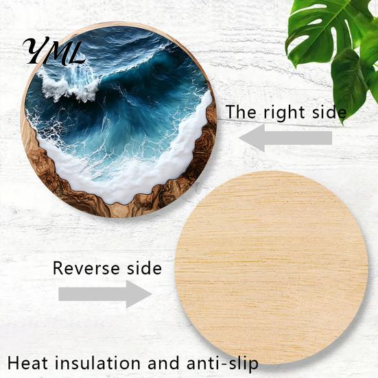 Classroom Desk Decorative Pads 4 Pcs Wooden Coasters, Ocean Wave Design Heat Resistant Round Unique Cup Mats Drink Coaster for Coffee Shop,