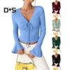 Women Tops V-neck Flared Long Sleeve Lace-up Pullover Tops Slim Fit Solid Color Casual Tops Versatile Daily Wear