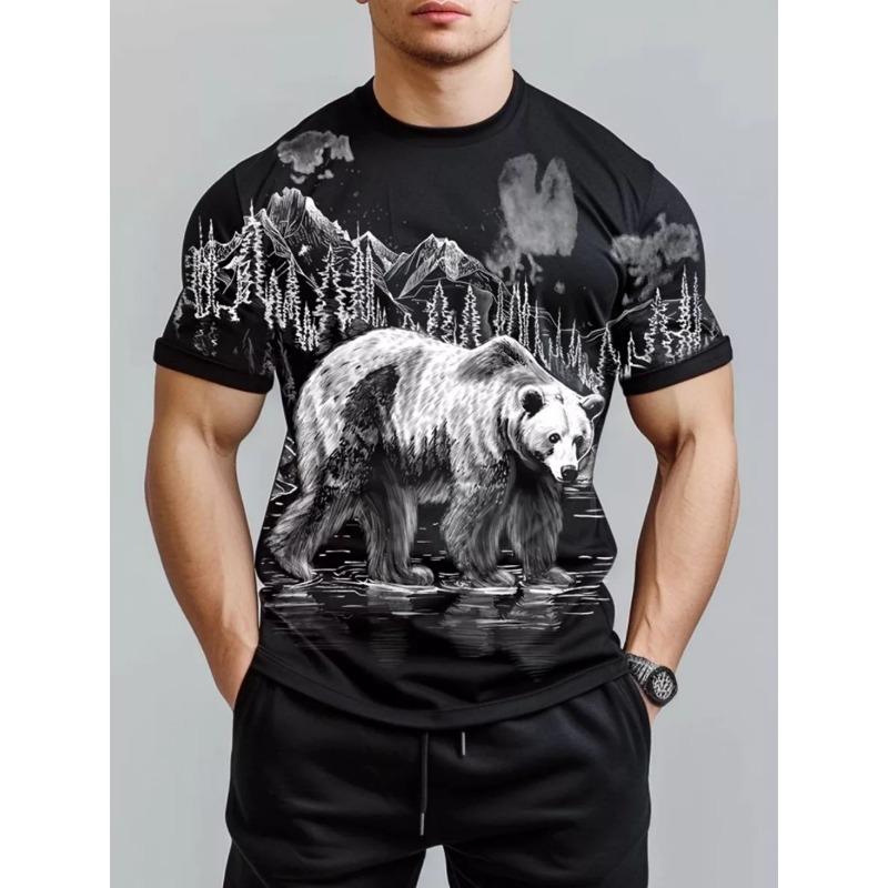 Summer Men's Short-Sleeve T-Shirt Brown Bear Landscape Pattern Print Lightweight Durable Hiking Casual Attire Casual Man Clothes
