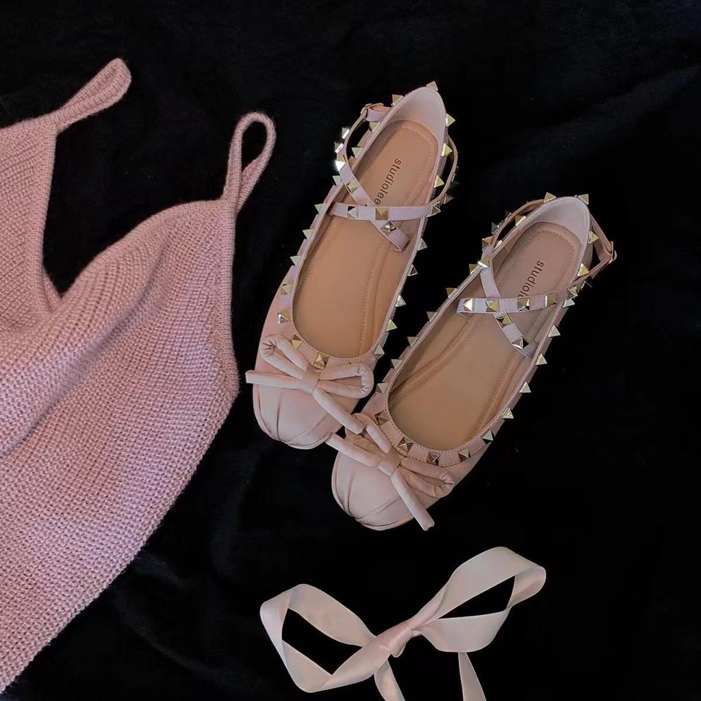 Grape Mother Same Style 2025 Summer Valentino Rivet Single Shoes Shallow Mouth Bow Flat Bottom Ballet Versatile