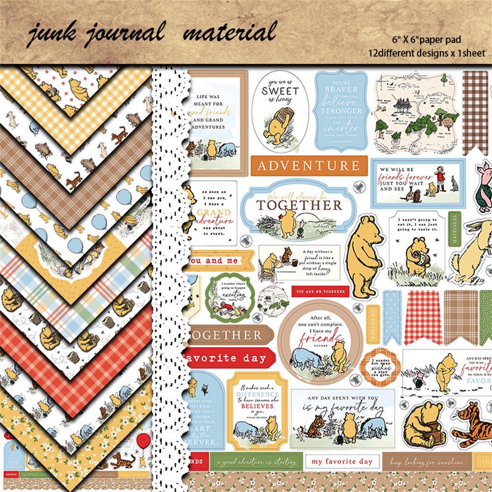12 Sheets Retro Winnie the Pooh Bear Journaling Background Paper and Collage Stickers