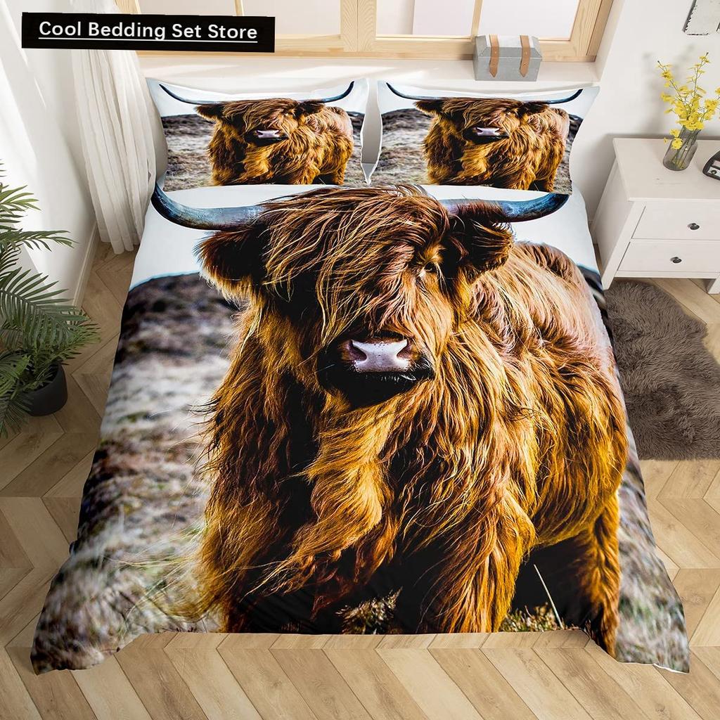 Highland Cow King Queen Duvet Cover Bull Bedding Set for Adults Cattle 2/3pcs Quilt Cover Farm Animal Polyester Comforter Cover