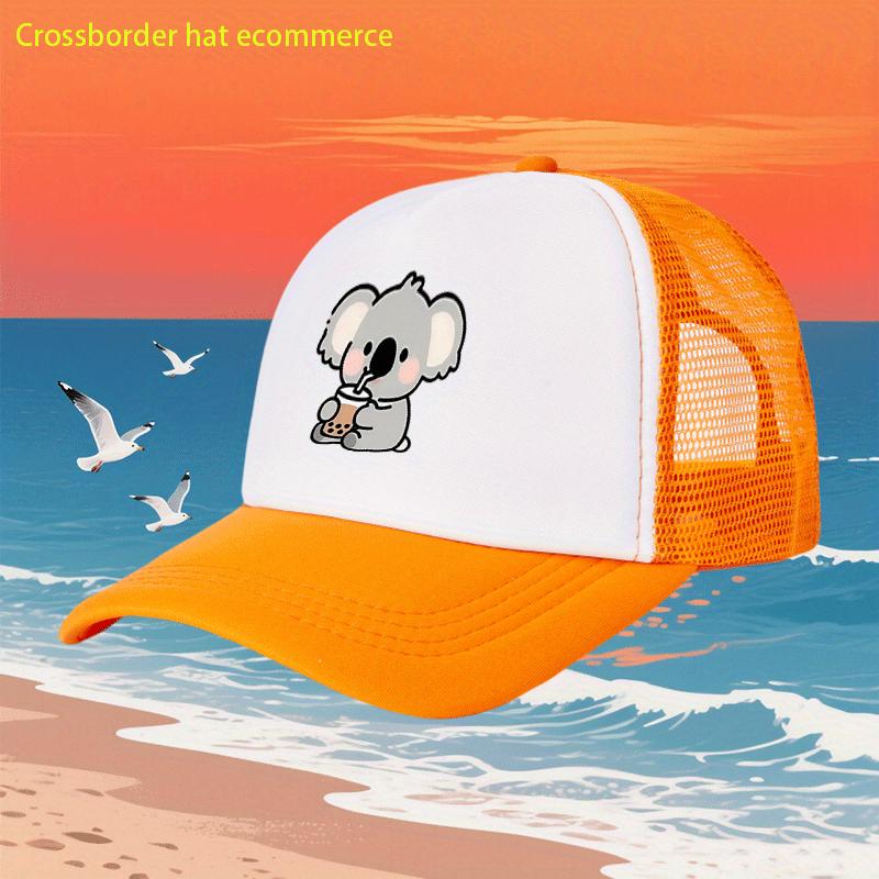 Cute Koala Drinking Bubble Tea Mesh Trucker Hat Unisex Polyester Casual Baseball Cap Four Seasons Beach Headwear