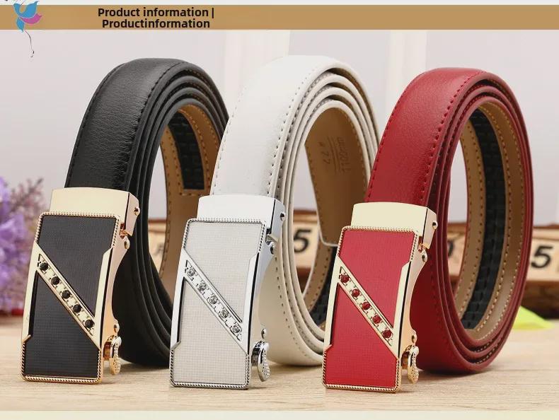 Women's Casual Double-Sided Lychee Pattern Leather Belt with Automatic Buckle