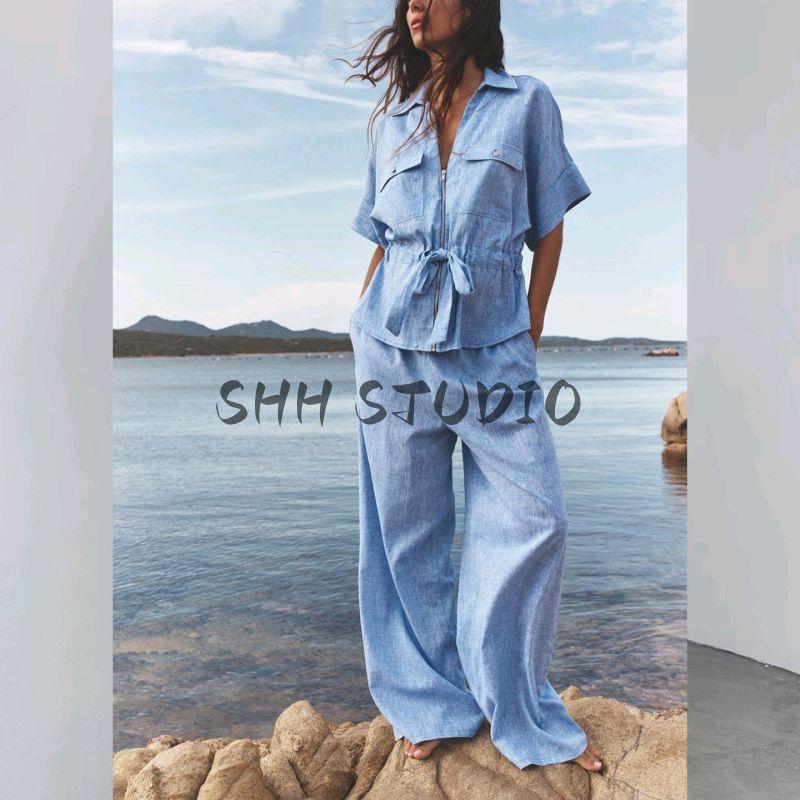 Lapel Curling Short sleeve Linen Blend Travel Hunting Shirts 2273996 High Waist Wide Leg Pants 2116996