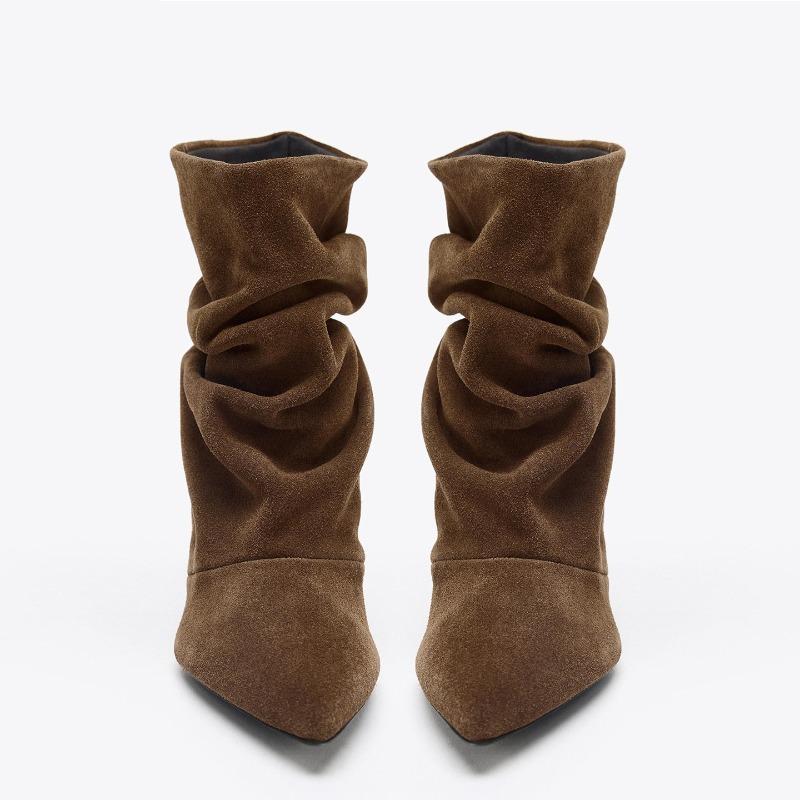 Brown Pointed Pile Boots Women's New Autumn Western Folded Suede Short Boots Stiletto Fashion Boots