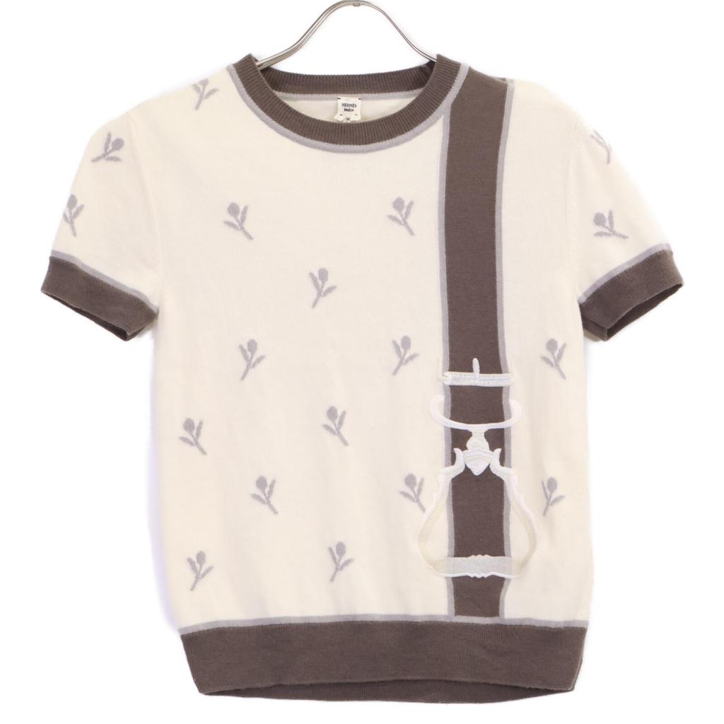 Hermes 24 Stainless Steel Cashmere Blend Stirrup Embroidered Short Sleeve Knit Tops 36 IvoryUsed