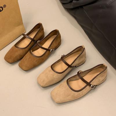 Retro zamszowe kwadratowy nosek płytki dekolt buty na jednym obcasie buty damskie nowe wiosenne i jesienne temperament niski obcas buty Mary Jane