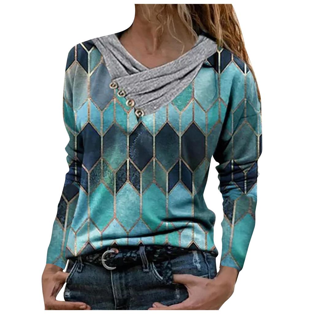 Women Tie-dye Printed Embroidery Collar Long Sleeve Pullover Blouse Tops