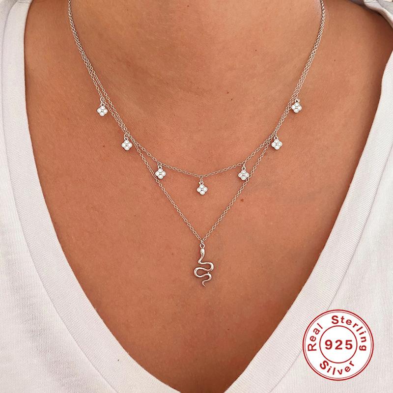 S925 Sterling Silver Four-Leaf Clover Diamond-Encrusted Small Accessories Stacked Collarbone Chain Necklace Women