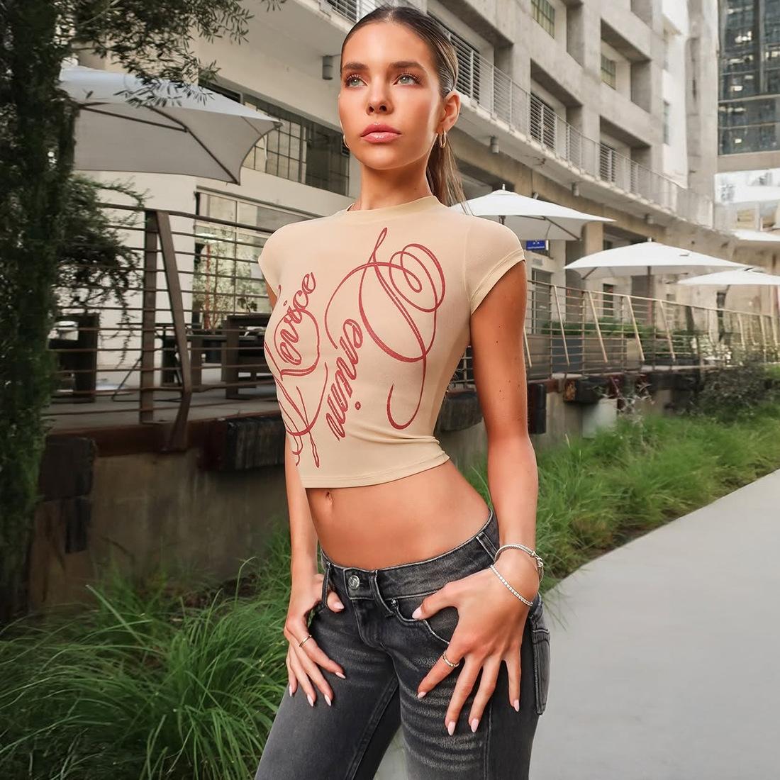

Spring and summer new women s clothing Spice Girl crew neck versatile letter printed bottoming shirt slim top S хаки