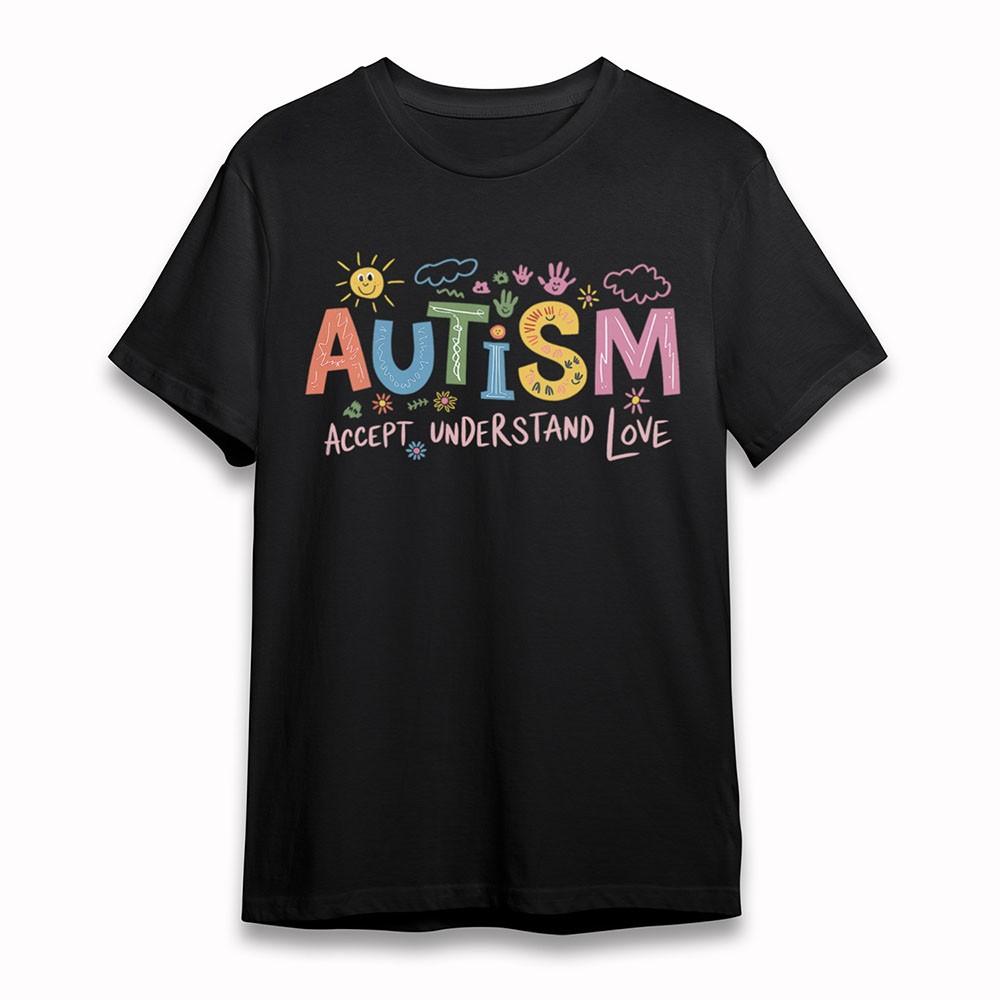 

Women s Oversize T-Shirt Autism Love Awareness Sun Flower Tee Short Cotton Black S