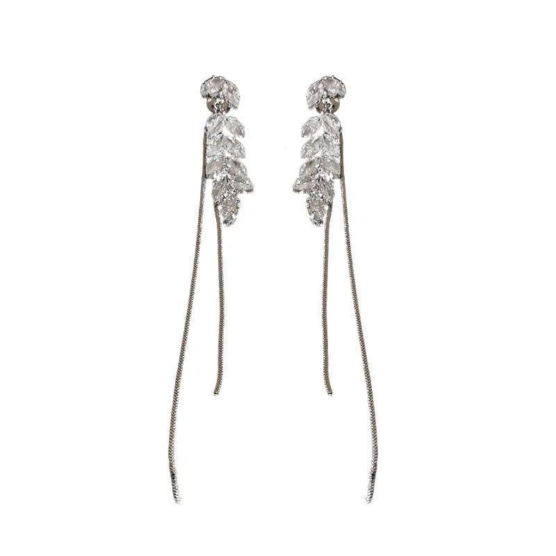 111 silver needle tassel long wheat ear earrings women, niche unique full diamond leaf stud earrings temperament show face thin earrings