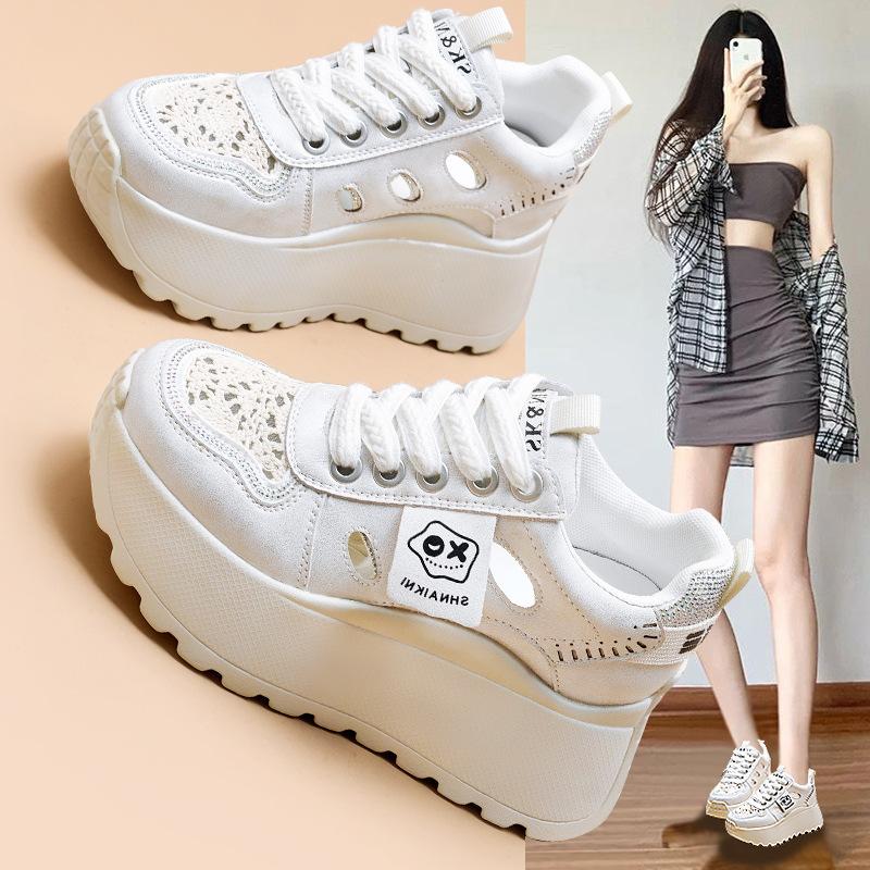 2025 spring new trendy girl mesh hollow platform student dad shoes casual versatile height increase retro women's shoes