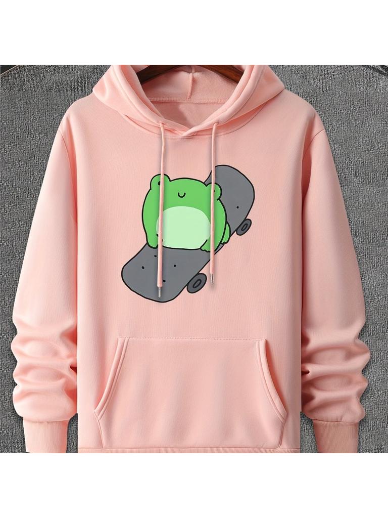Cartoon Frog Skateboard Hoodie Front Street Style Print Loose Long Sleeve Casual Fleece Pullover Sweatshirt