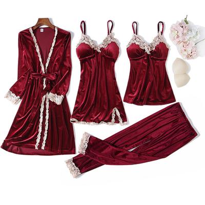 Samt-Pyjama-Set für Damen, 4-teilig, mit Spitze verziert, Nachthemd, Schlafanzug, lockerer Kimono-Bademantel