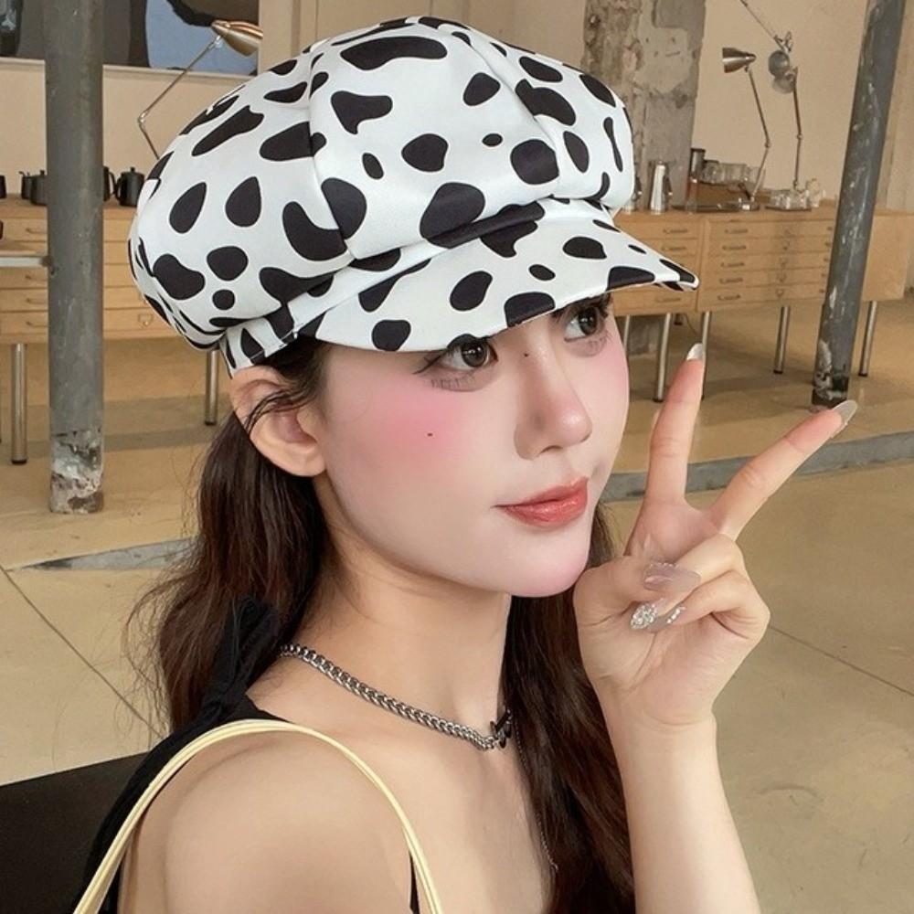 Y2K Leopard Print Octagonal Hat Polyester Peaked Cap Cute Women Beret  Ladies