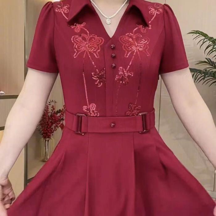 Women Western Style Dress Summer Spring Sequin Long Dresses Middle Aged Mother Elegant Slim Vestidos