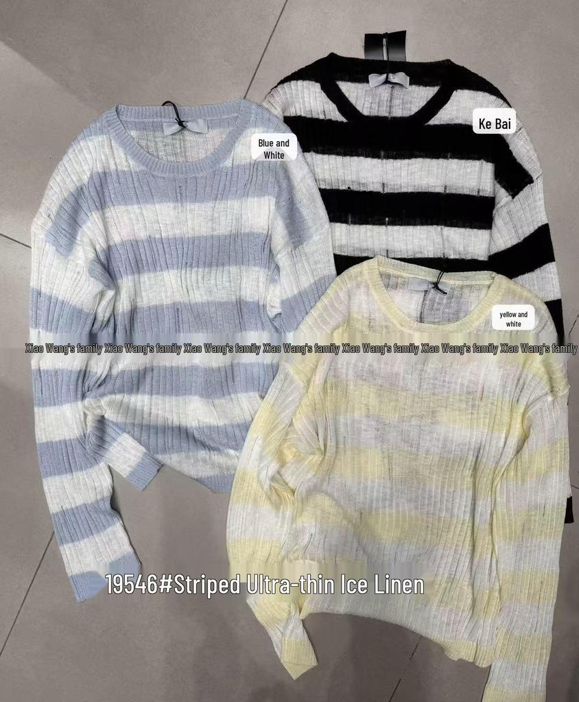 Xiao Wang's Summer Korean Loose-Fit Plus Size Striped Knit Sunscreen Shirt
