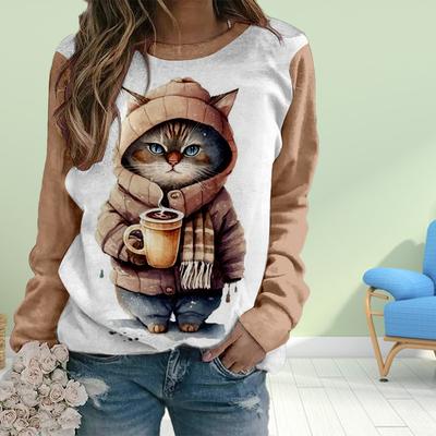 Herbst Damenmode O-Ausschnitt Langarm T-Shirt Lose Kleidung Süßes Katzen-Print T-Shirt für Mädchen Straße