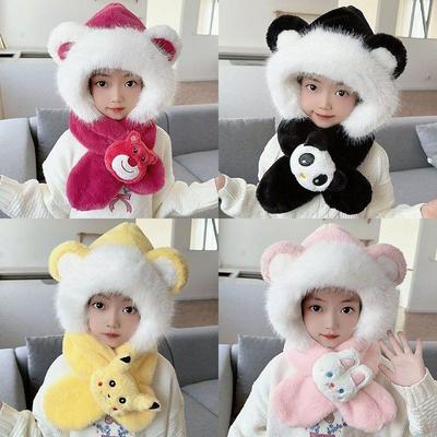 Children's Hat and Scarf Integrated Thickened Scarf with Fleece, Winter Girls' Windproof Ear-protecting Plush Warm Hat