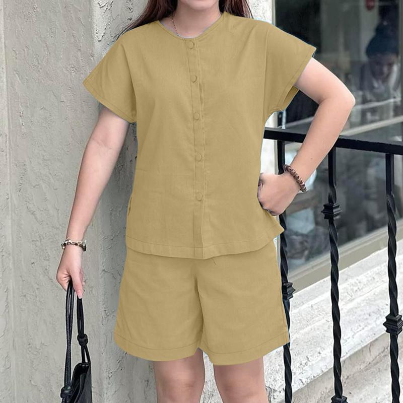ZANZEA Women Short Sleeve Blouse and Shorts Summer Two Piece Suit Sets