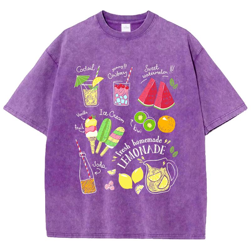 Fruit Tea Cold Drinks Ice Cream Prints Cotton Washed TShirt Women Oversize Tops Street Distressed ONeck T Shirt Summer Clothes