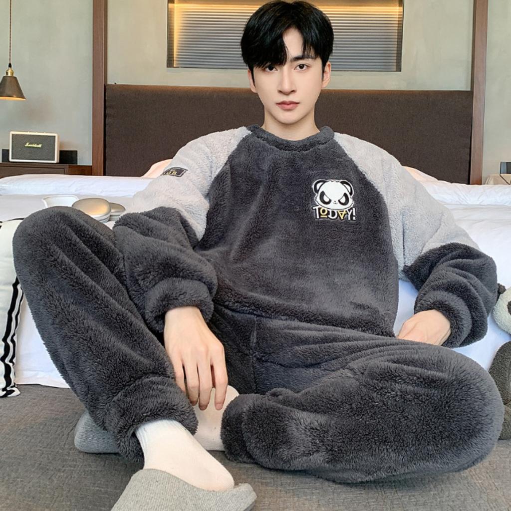 Winter, Coral Fleece, Pajamas, Men's Clothing, Thickened Fleece, Round Neck, Long Sleeved Pants, Suits, Home Clothes