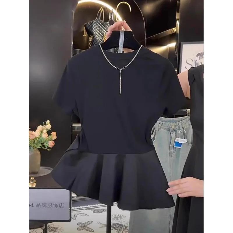 Women's Summer Asymmetric Shoulder Short-Sleeve T-Shirt Slimming Waist-Defining Bow-Detail Patchwork Top