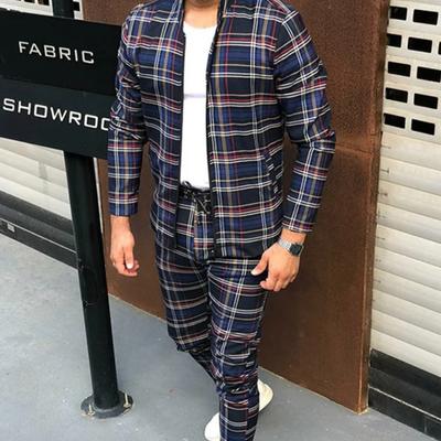 European American Men's Casual Sportswear Autumn New Stand-Up Collar Zip Cardigan Jacket+Fashion Trousers Grid Suits