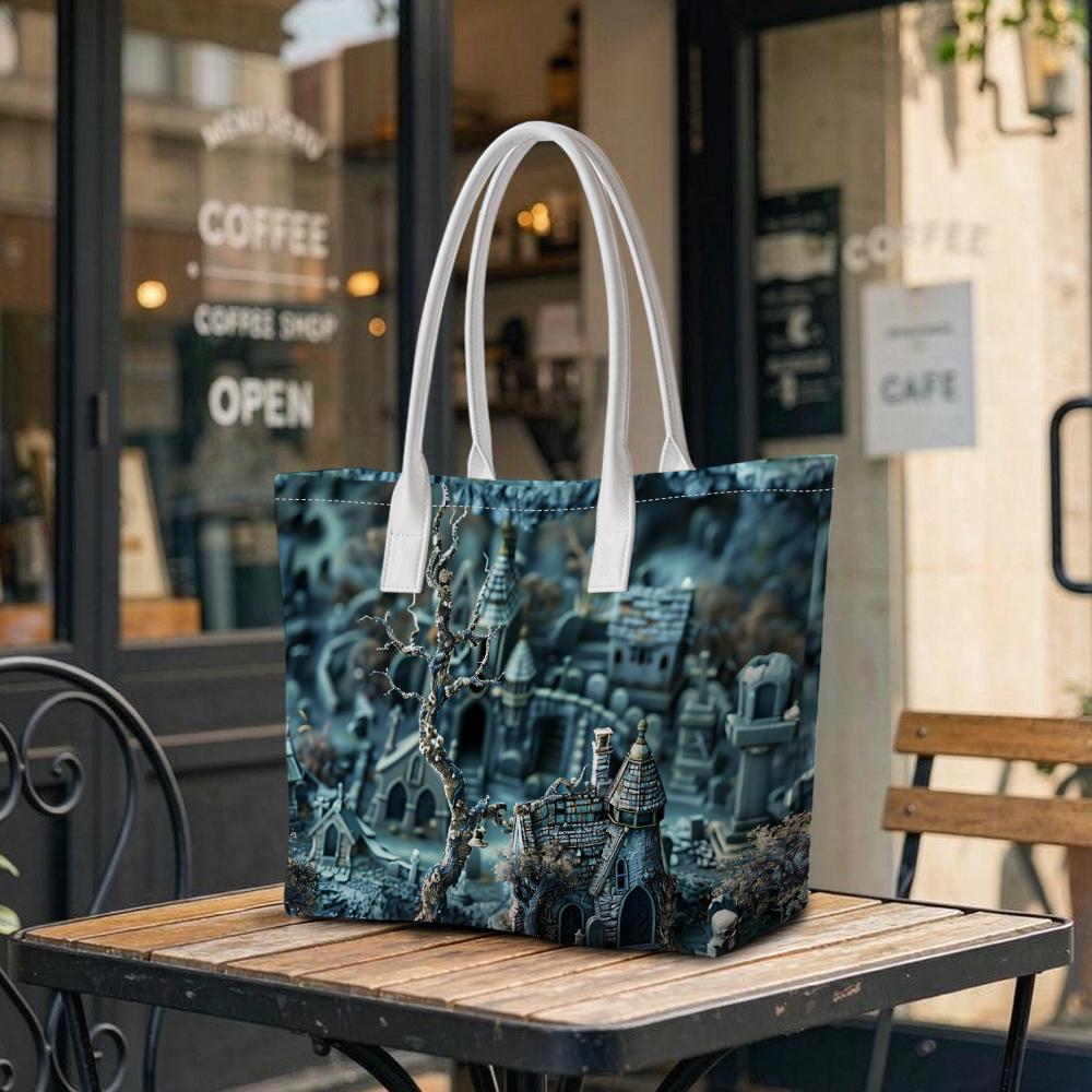 Halloween Dark Spooky Castle Printed Tote Bag Large Capacity Casual Shoulder Bag For Daily Use