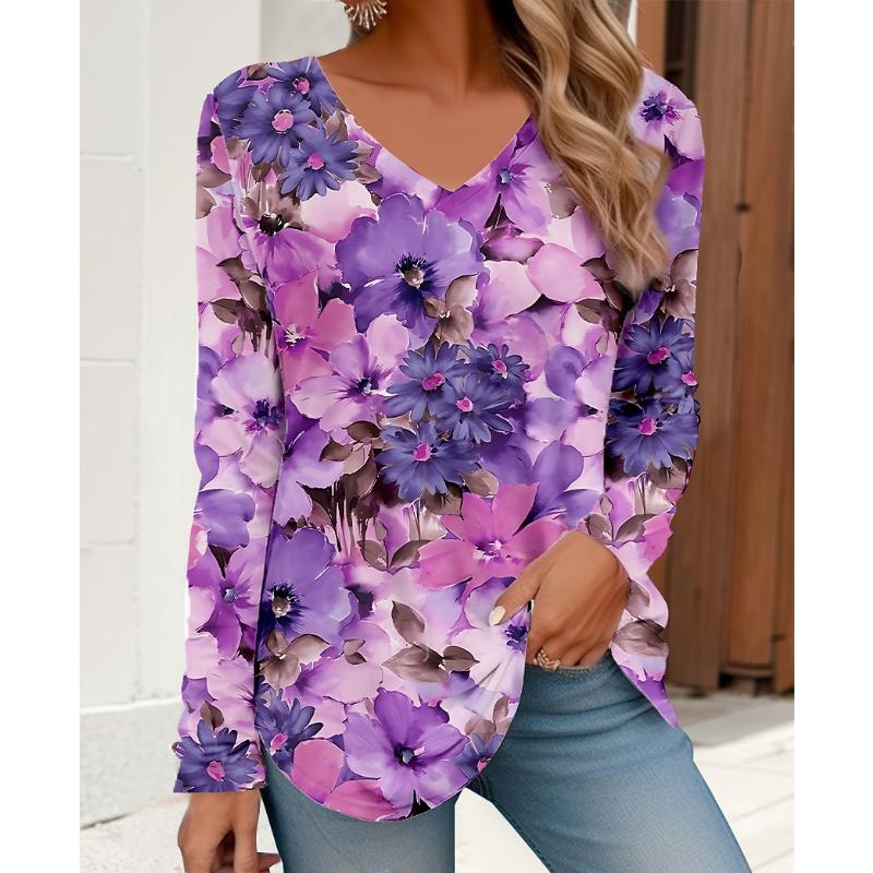 Women's T-Shirt Floral Graphic Flower Elegant Trendy Tees Long Sleeve T-shirts V-Neck Regular Tops Pullover Fall Winter