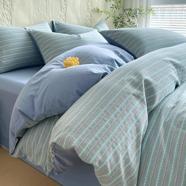 G5Z Cotton Yarn-Dyed Stripe Duvet Cover Set - 4 Pieces, All-Season Bedding for Dorms