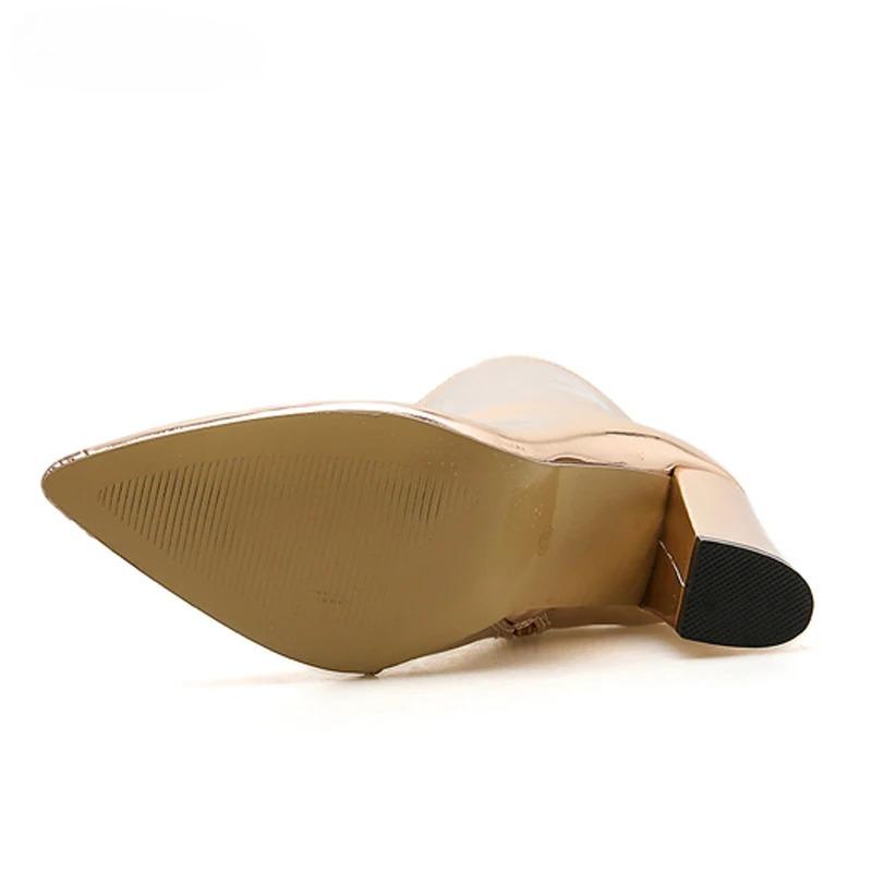 Fashion Sexy Pointed Toe Patent Leather Ankle Boots Women Fashion Gold Silver Chunky High Heels Chelsea Botas Mujer Side Zipper Pumps
