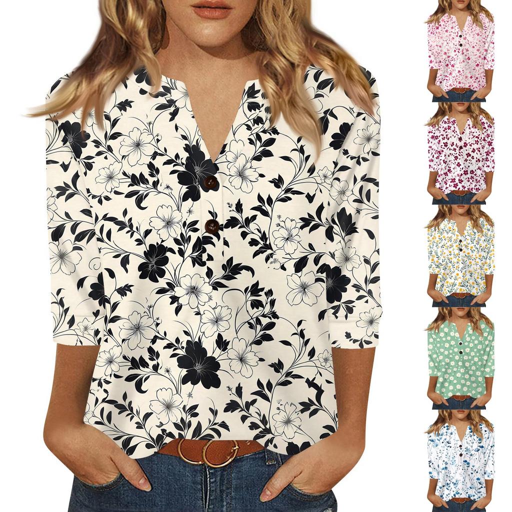 Women's T Shirt Print Button 3/4 Sleeve Daily Weekend Fashion Basic V- Neck Regular Top
