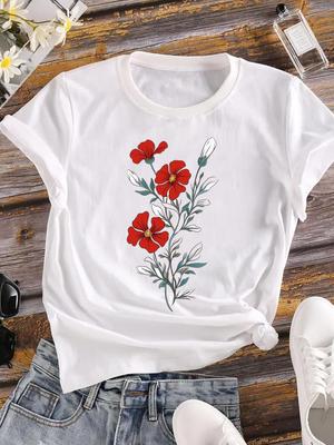 (Asiatische Größe) Kleidung T-Shirt lieblicher Blumentrend 90er Mode Damen Lässig Frauen T-Shirt Top Kurzarm Print Dame Weiblich Grafik T-Shirts