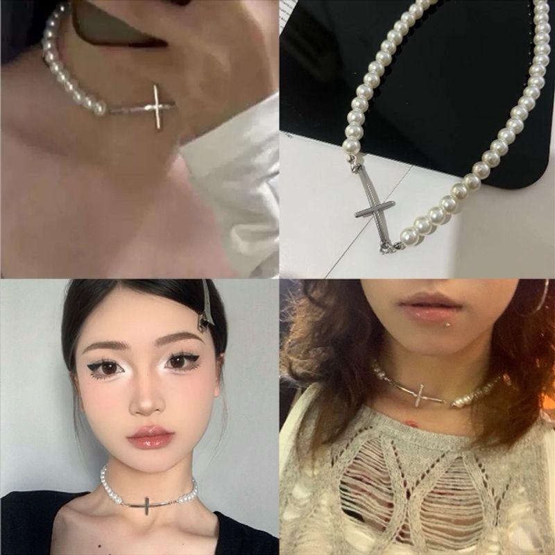 Fashion Vintage Cross Pearl Choker Necklace Stylish Y2g Sweater Chain Sexy Double Layer Twin Clavicle Chain Pearl Cross Pendant Necklace