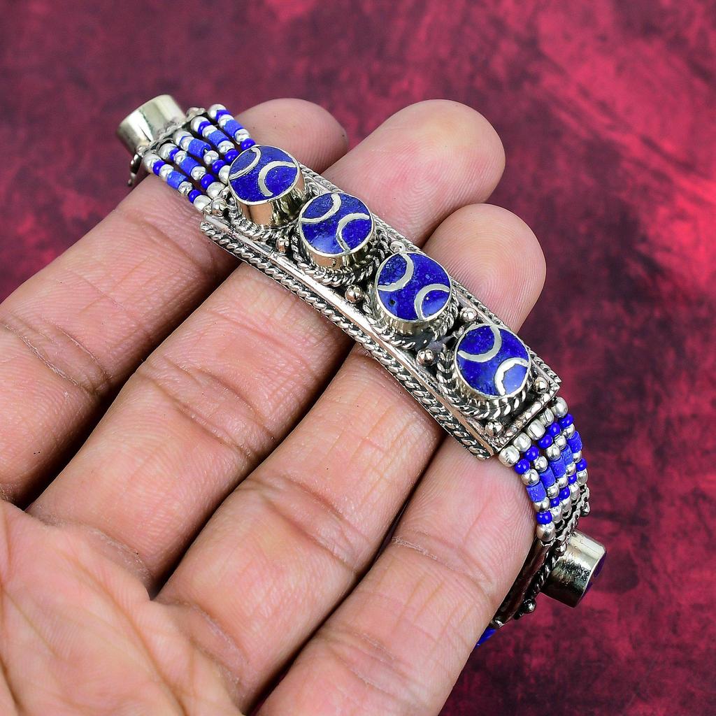 Lapis Lazuli Handmade Gemstone Bracelet, 925 Solid Sterling Silver Bracelet Antique Nepali Jewelry, For Thanksgiving