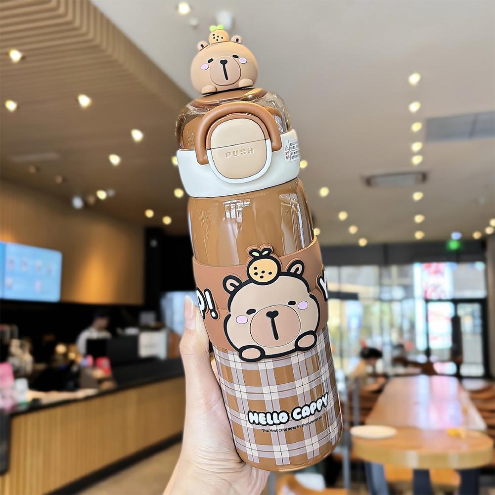 Kawaii Capybara Water Bottle Stainless Steel Vacuum Insulated Tumbler with Lid & Silicone Straw for Student 520ml