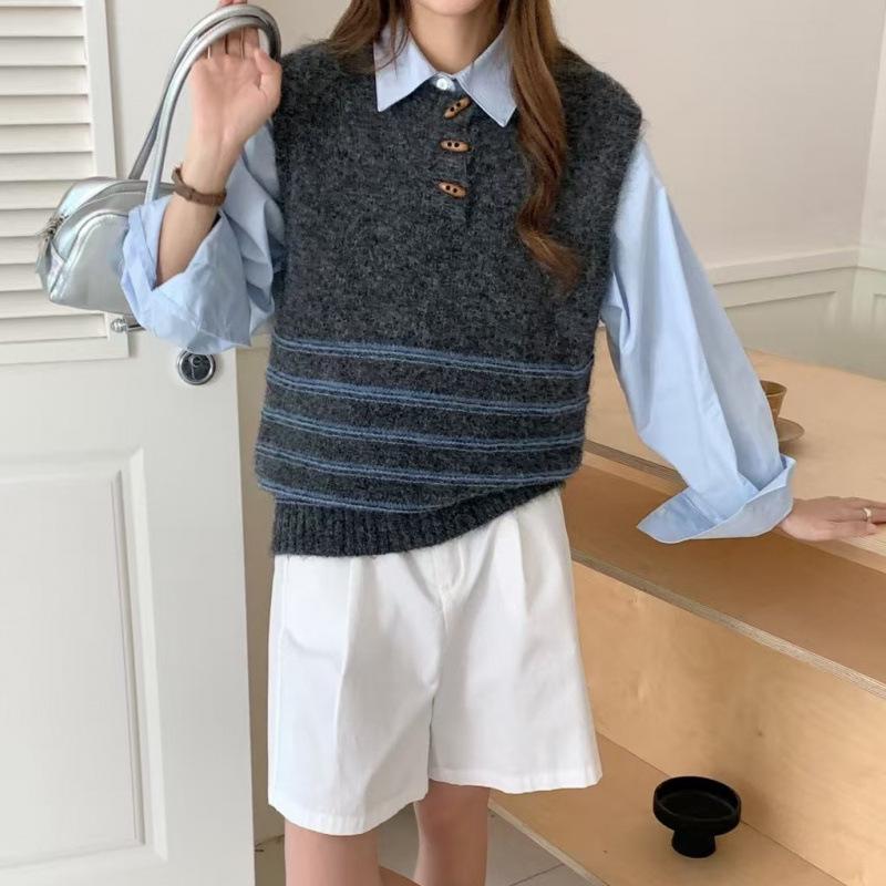2025 Korean Retro Stripe Knit Vest with Horn Buttons - Women's Sleeveless Round Neck Sweater