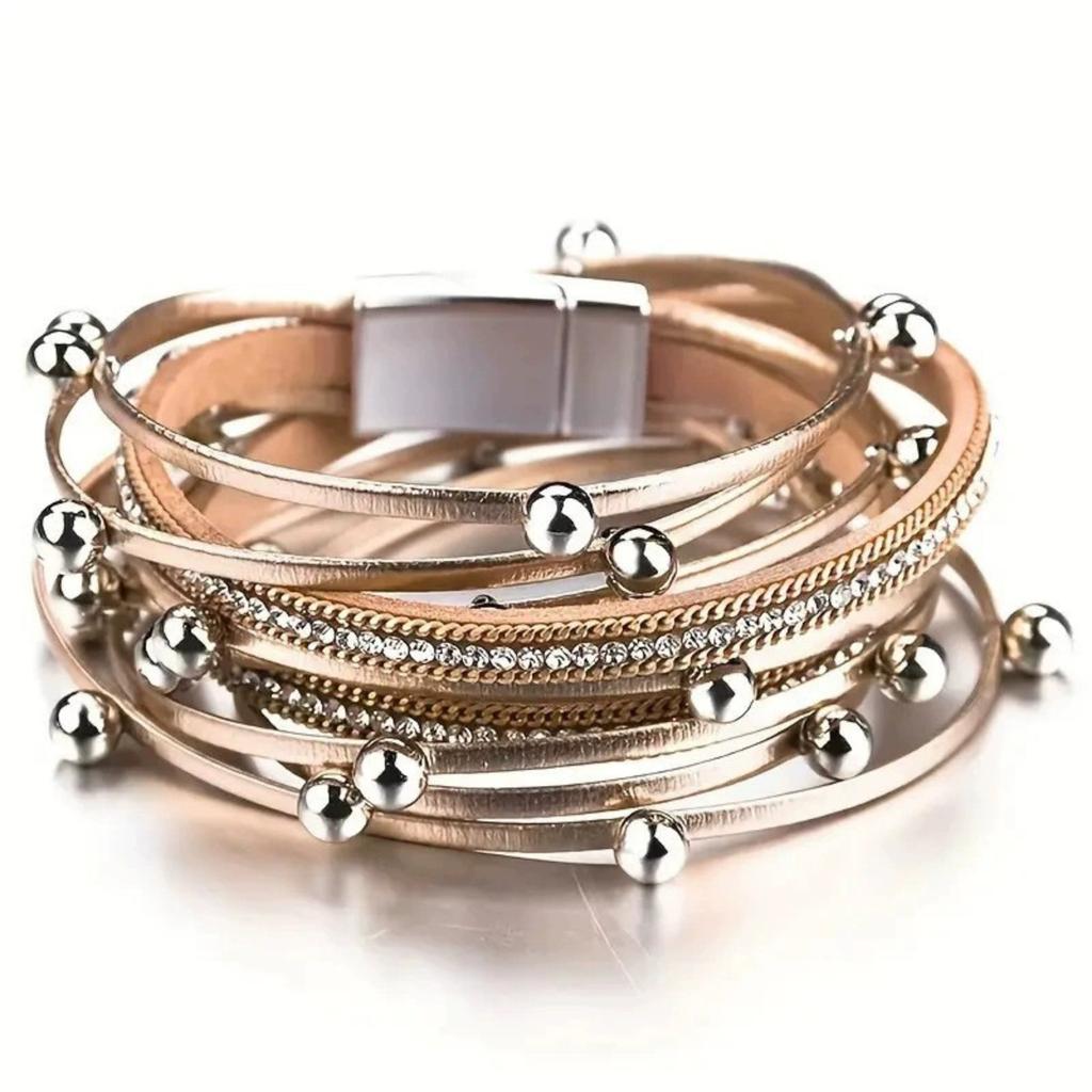 Women's Multi-layer Leather Bracelet Fashionable Diamond Magnet Clasp Bracelet